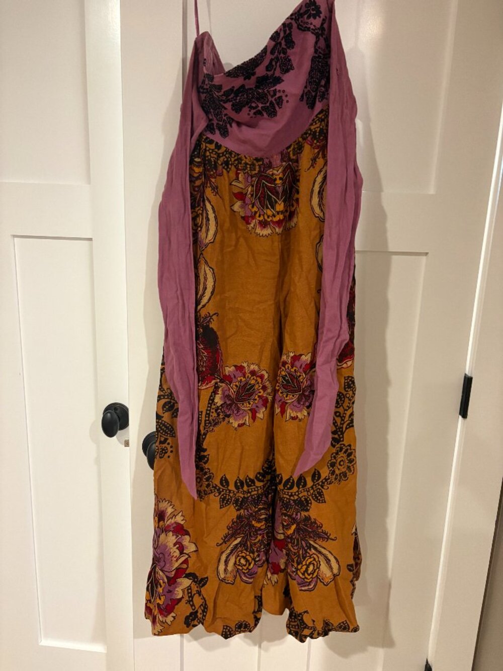 free people bow back paisley print bandeau jumpsuit in gold and pink
